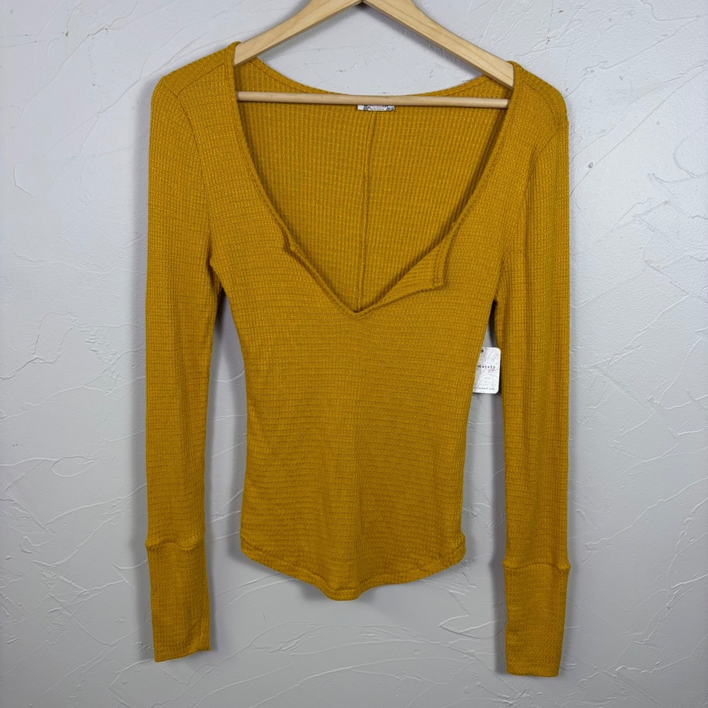 NWT Free People Top Thermal V-Neck Small Boho Waffle Knit Mustard Yellow